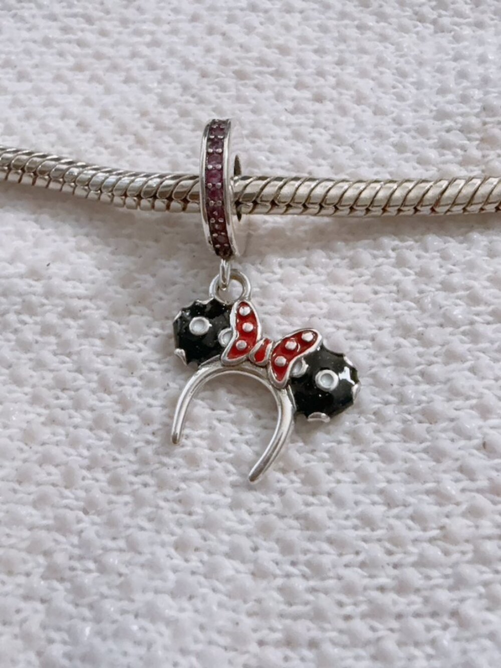 Disney Minnie Ears Headband Black With Red Bow Silver Charm For Pandora Bracelet